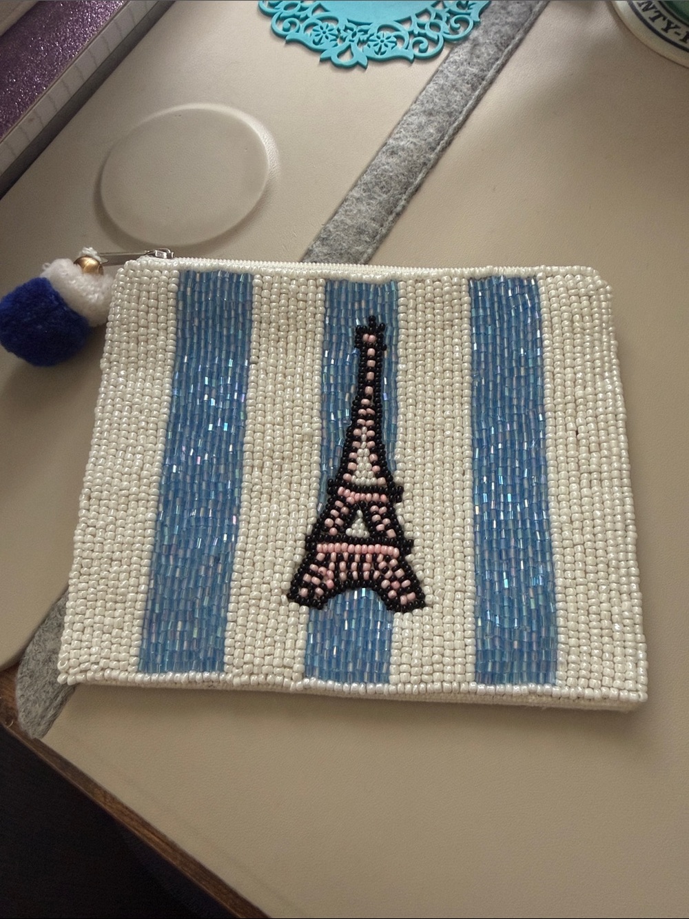 Beaded Eiffel Tower Stripe Clutch - Blue & White